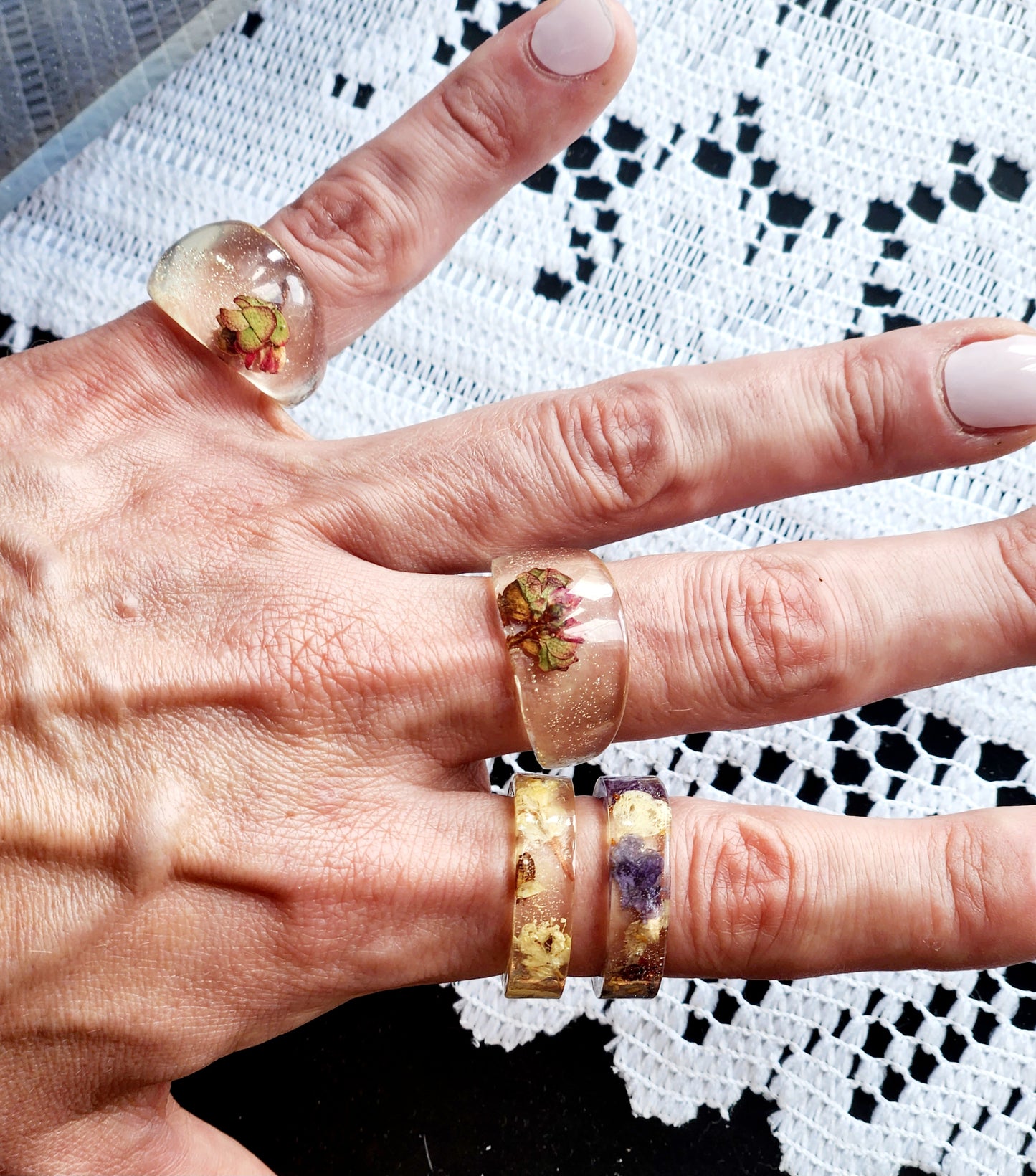 Resin Rings various band sizes - blueberry flower gems