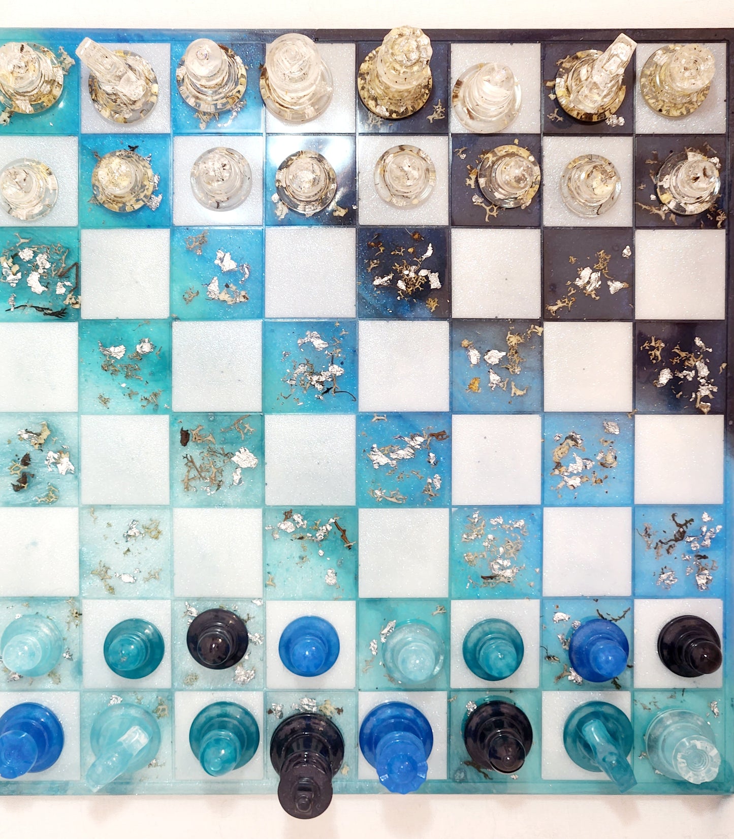 Chess set - board and pieces, real arctic lichen in ocean blues!