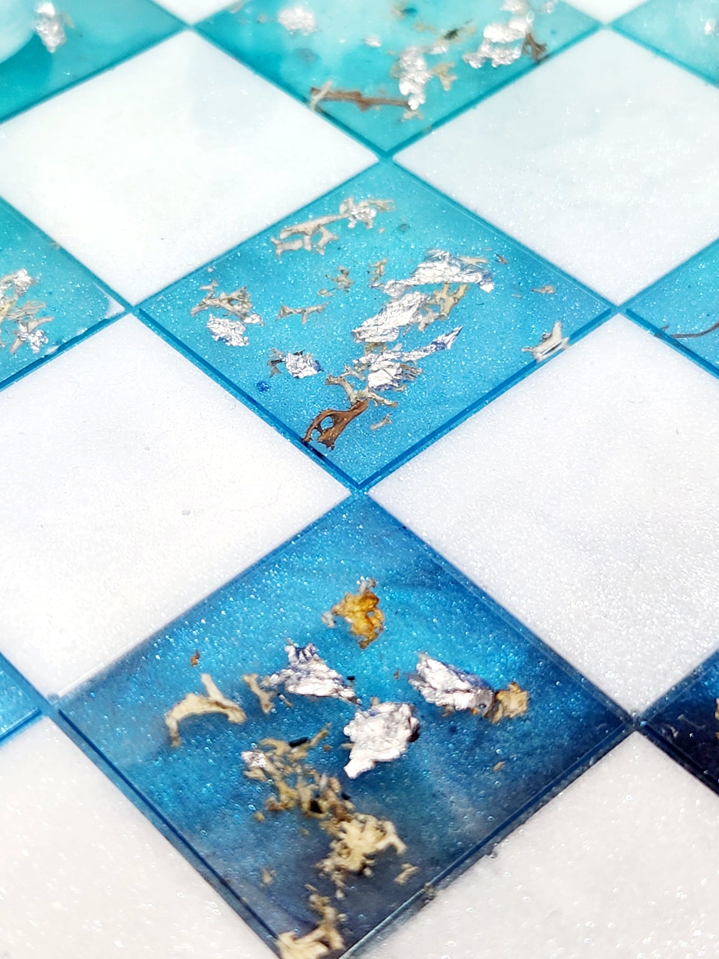 Chess set - board and pieces, real arctic lichen in ocean blues!