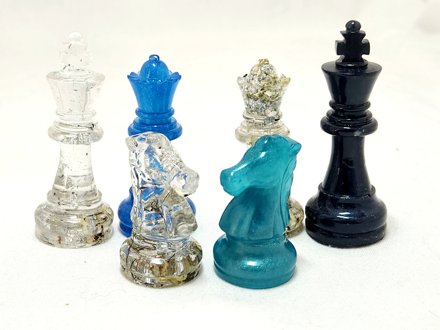 Chess set - board and pieces, real arctic lichen in ocean blues!
