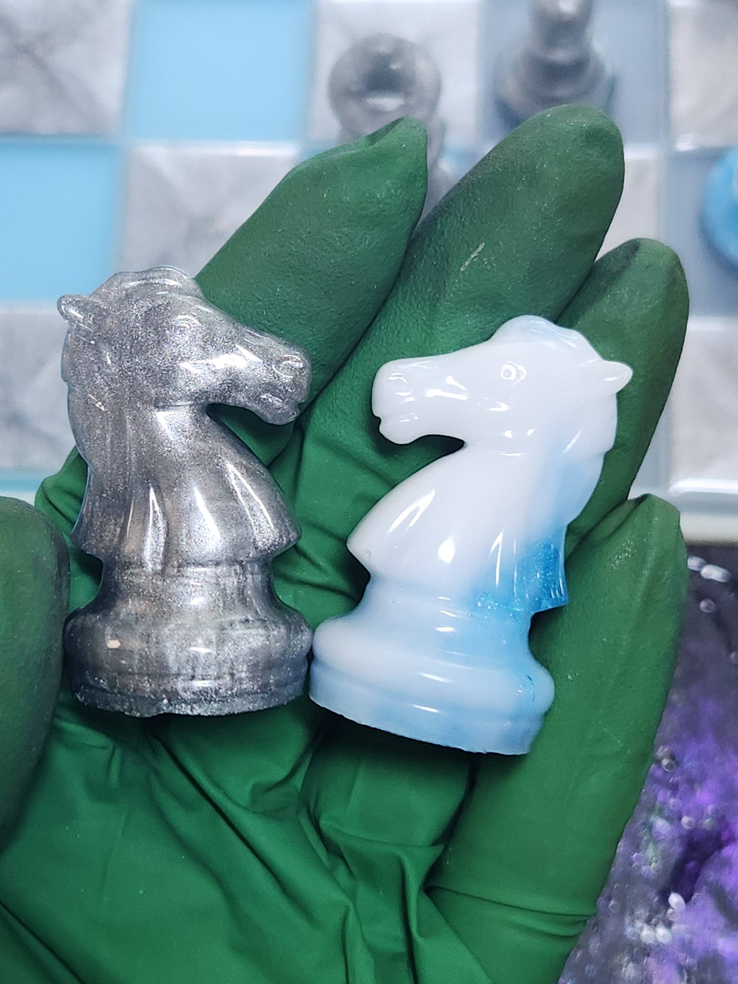 Chess set - silver and ocean blues with arctic heather