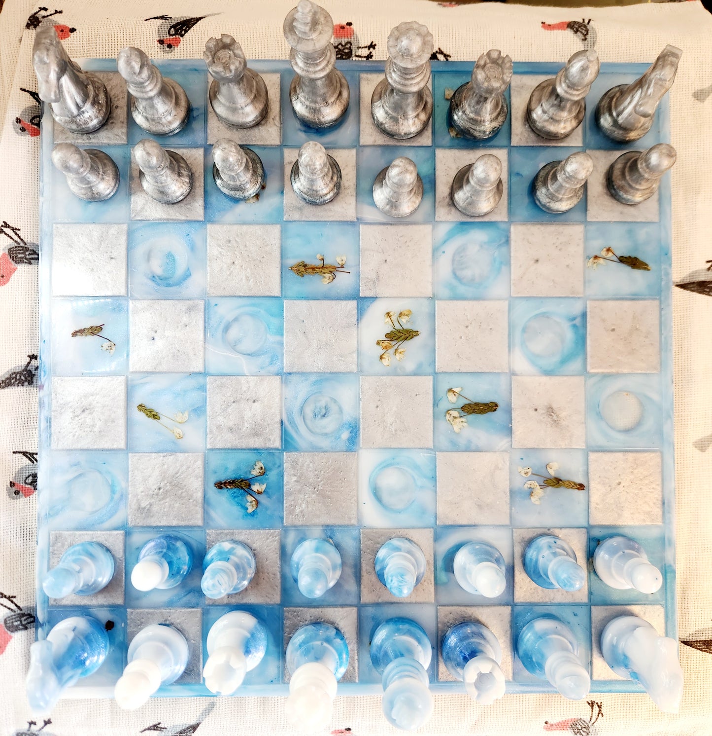 Chess set - silver and ocean blues with arctic heather