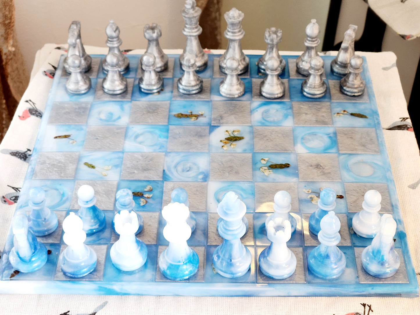 Chess set - silver and ocean blues with arctic heather