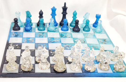 Chess set - board and pieces, real arctic lichen in ocean blues!