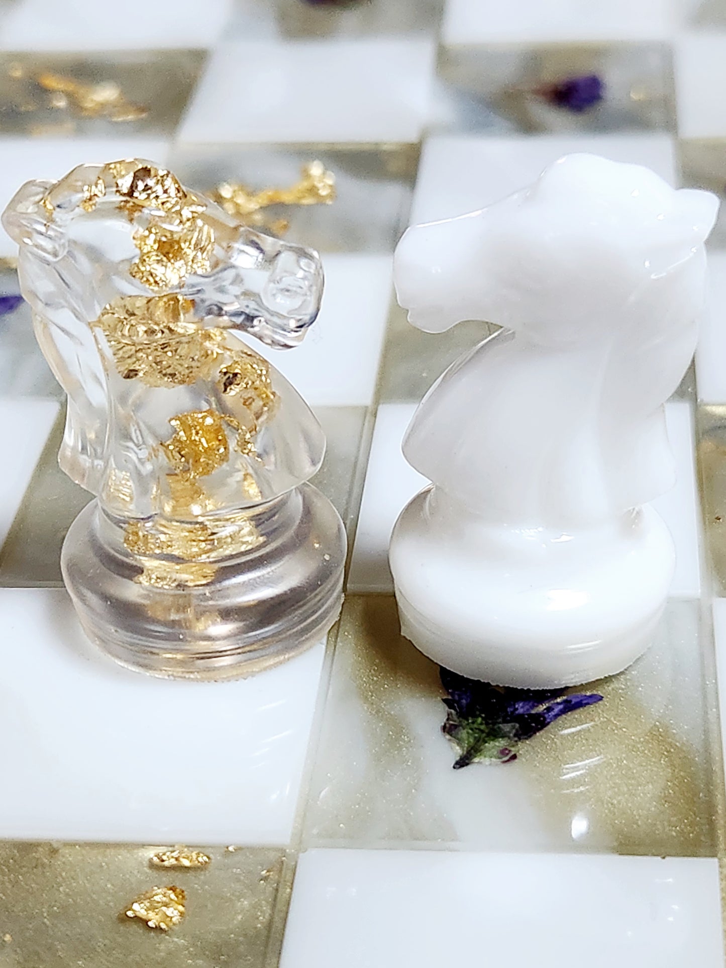 Chess set - board and pieces, purple saxifrage and gold foil.